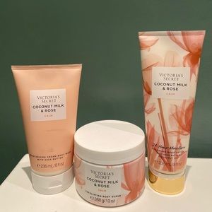 Coconut Milk and Rose lotion, body wash, and exfoliate (Victoria’s Secret)